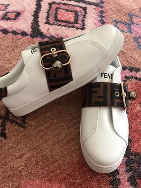 White Leather Sneakers with Brown & Black FF Logo Strap and Gold Hardware